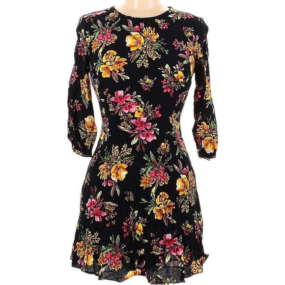 ZARA Floral Dress Black Long Sleeves Scoop Neck Shift Size Medium - Picture 4 of 9